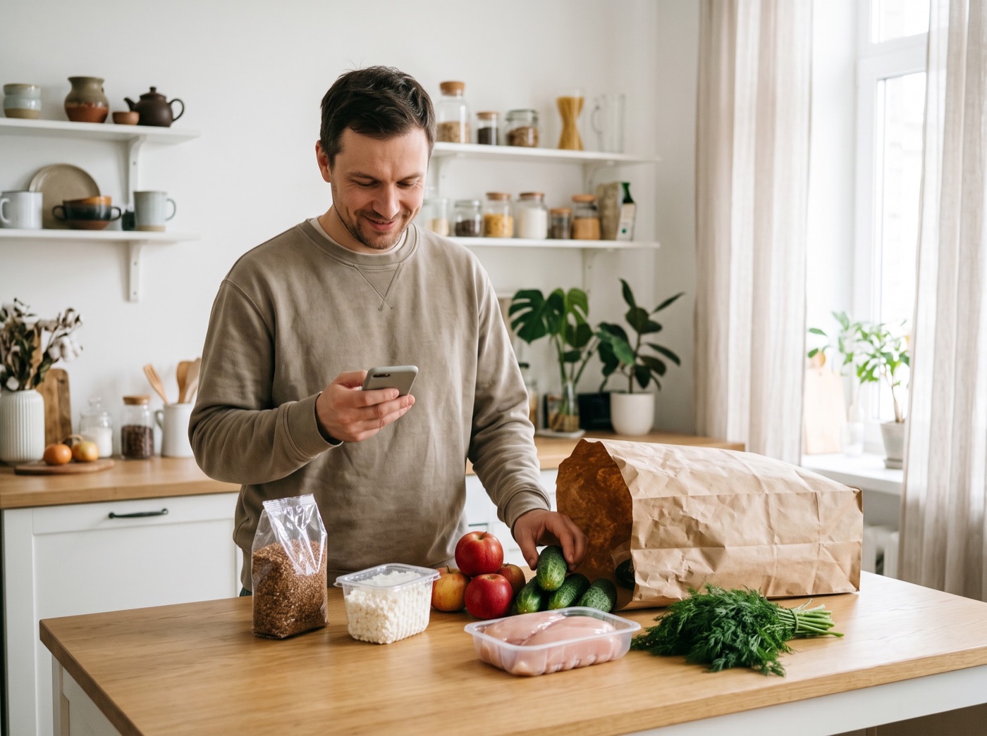 Продукты на кухонном столе: гречка, творог, яблоки, огурцы, куриное филе